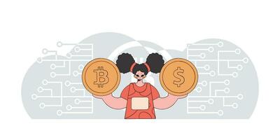menina é segurando bitcoin e dólar. a conceito do interação com digital monetário ativos. vetor