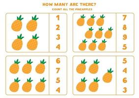 planilha educacional para crianças pré-escolares. quantos estão lá. conte os abacaxis. jogo de matemática para crianças. vetor
