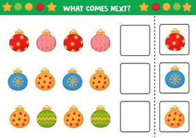 planilha educacional para crianças pré-escolares. o que vem depois. tarefa com bolas de Natal coloridas. vetor