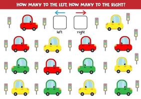 planilha educacional para crianças pré-escolares. esquerda e direita. conte quantos carros vão para a direita e para a esquerda. vetor