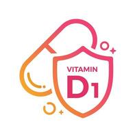 Vitamina d1 comprimido escudo ícone logotipo proteção, remédio heath vetor ilustração