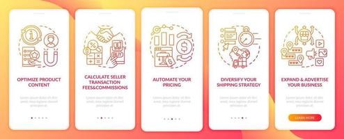 Tela da página do aplicativo móvel de integração de sucesso do e-marketplace. automatizar instruções gráficas de passo a passo de preços 5 etapas com conceitos. modelo de vetor ui, ux, gui com ilustrações coloridas lineares