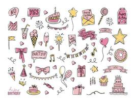 aniversário rabisco definir. mão desenhado vetor feliz aniversário colori esboços em branco fundo. bolo com velas, festa boné, festão, balão, estrela, boné, arco, coração, doces, carta, presente caixa, bandeiras.