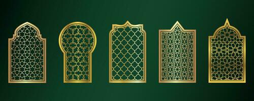 dourado amada janelas. islâmico porta quadros com ornamento. árabe mesquita arco em verde fundo. islâmico vetor decoração