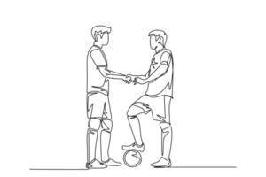solteiro 1 linha desenhando dois futebol jogador aperto de mãos para mostrar espírito esportivo antes iniciando a corresponder. respeito dentro futebol esporte conceito. moderno contínuo linha desenhar Projeto gráfico vetor ilustração