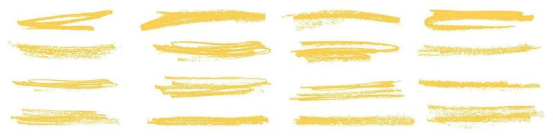 amarelo escova AVC, texturizado linha e grunge efeito. marcador rabisco formulários. plano vetor ilustrações isolado dentro fundo.