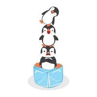 pinguins empilhados felizes em um cubo de gelo vetor