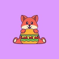 raposa fofa comendo hambúrguer. conceito de desenho animado animal isolado. pode ser usado para t-shirt, cartão de felicitações, cartão de convite ou mascote. estilo cartoon plana vetor