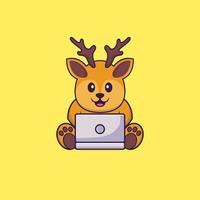 cervo bonito usando laptop. conceito de desenho animado animal isolado. pode ser usado para t-shirt, cartão de felicitações, cartão de convite ou mascote. estilo cartoon plana vetor