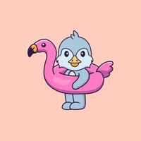 pássaro bonito com bóia de flamingo. conceito de desenho animado animal isolado. pode ser usado para t-shirt, cartão de felicitações, cartão de convite ou mascote. estilo cartoon plana vetor