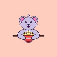 bonito coala comendo macarrão ramen. conceito de desenho animado animal isolado. pode ser usado para t-shirt, cartão de felicitações, cartão de convite ou mascote. estilo cartoon plana vetor