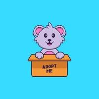 bonito coala na caixa com um pôster me adote. conceito de desenho animado animal isolado. pode ser usado para t-shirt, cartão de felicitações, cartão de convite ou mascote. estilo cartoon plana vetor