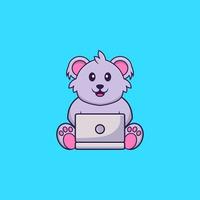 coala bonito usando laptop. conceito de desenho animado animal isolado. pode ser usado para t-shirt, cartão de felicitações, cartão de convite ou mascote. estilo cartoon plana vetor