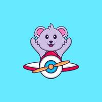 bonito coala voando em um avião. conceito de desenho animado animal isolado. pode ser usado para t-shirt, cartão de felicitações, cartão de convite ou mascote. estilo cartoon plana vetor