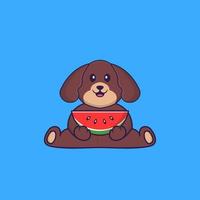 cachorro bonito comendo melancia. conceito de desenho animado animal isolado. pode ser usado para t-shirt, cartão de felicitações, cartão de convite ou mascote. estilo cartoon plana vetor