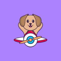 lindo cachorro voando em um avião. conceito de desenho animado animal isolado. pode ser usado para t-shirt, cartão de felicitações, cartão de convite ou mascote. estilo cartoon plana vetor