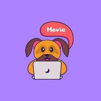 cachorro bonito está assistindo a um filme. conceito de desenho animado animal isolado. pode ser usado para t-shirt, cartão de felicitações, cartão de convite ou mascote. estilo cartoon plana vetor