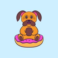 cachorro bonito está sentado em donuts. conceito de desenho animado animal isolado. pode ser usado para t-shirt, cartão de felicitações, cartão de convite ou mascote. estilo cartoon plana vetor