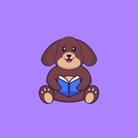 cachorro bonito lendo um livro. conceito de desenho animado animal isolado. pode ser usado para t-shirt, cartão de felicitações, cartão de convite ou mascote. estilo cartoon plana vetor