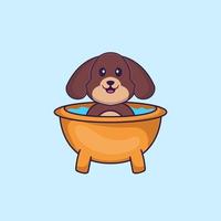 cachorro bonito tomando banho na banheira. conceito de desenho animado animal isolado. pode ser usado para t-shirt, cartão de felicitações, cartão de convite ou mascote. estilo cartoon plana vetor