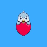 pássaro bonito segurando um grande coração vermelho. conceito de desenho animado animal isolado. pode ser usado para t-shirt, cartão de felicitações, cartão de convite ou mascote. estilo cartoon plana vetor
