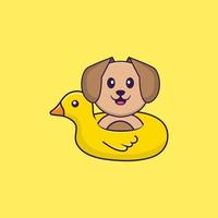 cachorro bonito com boia de pato. conceito de desenho animado animal isolado. pode ser usado para t-shirt, cartão de felicitações, cartão de convite ou mascote. estilo cartoon plana vetor