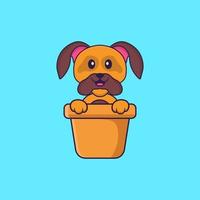 cachorro bonito em um vaso de flores. conceito de desenho animado animal isolado. pode ser usado para t-shirt, cartão de felicitações, cartão de convite ou mascote. estilo cartoon plana vetor