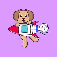 lindo cachorro voando no foguete. conceito de desenho animado animal isolado. pode ser usado para t-shirt, cartão de felicitações, cartão de convite ou mascote. estilo cartoon plana vetor