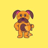 cachorro bonito segurando o troféu de ouro. conceito de desenho animado animal isolado. pode ser usado para t-shirt, cartão de felicitações, cartão de convite ou mascote. estilo cartoon plana vetor