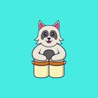 cachorro bonito está tocando bateria. conceito de desenho animado animal isolado. pode ser usado para t-shirt, cartão de felicitações, cartão de convite ou mascote. estilo cartoon plana vetor