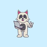 cachorro bonito segurando laptop. conceito de desenho animado animal isolado. pode ser usado para t-shirt, cartão de felicitações, cartão de convite ou mascote. estilo cartoon plana vetor