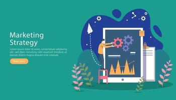 conceito de estratégia de marketing digital com personagens minúsculos, mesa, objeto gráfico na tela do computador. marketing de mídia social on-line design plano moderno para página de destino e modelo de site para celular vetor