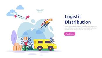 conceito de ilustração de serviço de distribuição logística global. entrega em todo o mundo, importação, exportação, frete banner com personagens para página de destino da web, apresentação, mídia social, pôster ou mídia impressa vetor