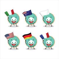 baunilha azul rosquinha desenho animado personagem trazer a bandeiras do vários países vetor