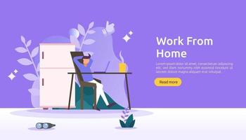 trabalhar em casa, design de conceito de espaço de coworking. freelance sentado na mesa, trabalhando em um laptop em casa com personagens para página de destino da web, banner, apresentação, social, cartaz, anúncio ou mídia impressa vetor