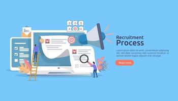 contratação de trabalho, conceito de recrutamento online com caráter de pessoas. entrevista da agência. selecione retomar o processo. modelo para página de destino da web, banner, apresentação e mídia social. ilustração vetorial vetor