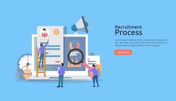 contratação de trabalho, conceito de recrutamento online com caráter de pessoas. entrevista da agência. selecione retomar o processo. modelo para página de destino da web, banner, apresentação e mídia social. ilustração vetorial vetor