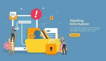 conceito de segurança de internet com caráter de pessoas. ataque de phishing de senha. roubo de página de destino da web de dados de informações pessoais, banner, apresentação, social, modelo de mídia impressa. ilustração vetorial vetor