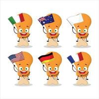 frango coxa desenho animado personagem trazer a bandeiras do vários países vetor