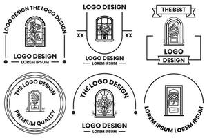 portas e janelas com flores logotipo dentro plano linha arte estilo vetor