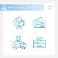pixel perfeito gradiente ícones conjunto representando jornalismo, fino linha azul ilustração vetor