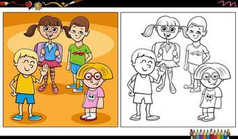 quadrinho crianças e adolescentes personagens grupo coloração página vetor