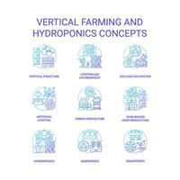 gradiente ícones conjunto representando vertical agricultura e hidroponia conceitos, isolado vetor, fino linha ilustração. vetor