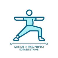 2d pixel perfeito editável azul ioga exercício ícone, isolado vetor, meditação fino linha ilustração. vetor