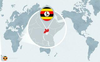 pacífico centrado mundo mapa com ampliado Uganda. bandeira e mapa do Uganda. vetor