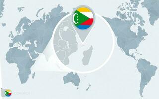 pacífico centrado mundo mapa com ampliado Comores. bandeira e mapa do Comores. vetor