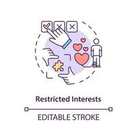 ícone do conceito de interesses restritos. ilustração de linha fina de ideia abstrata de sintoma de autismo. obsessões, compulsões. interesses fortes e limitados. desenho de cor de contorno isolado vetor. curso editável vetor