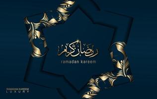 Ramadan Kareem em estilo de luxo com caligrafia árabe. Mandala dourada de luxo em fundo azul escuro para Ramadã Mubarak vetor
