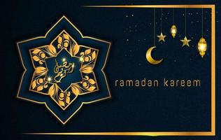 Ramadan Kareem em estilo de luxo com caligrafia árabe. Mandala dourada de luxo em fundo azul escuro para Ramadã Mubarak vetor
