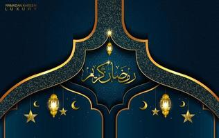 Ramadan Kareem em estilo de luxo com caligrafia árabe. Mandala dourada de luxo em fundo azul escuro vetor